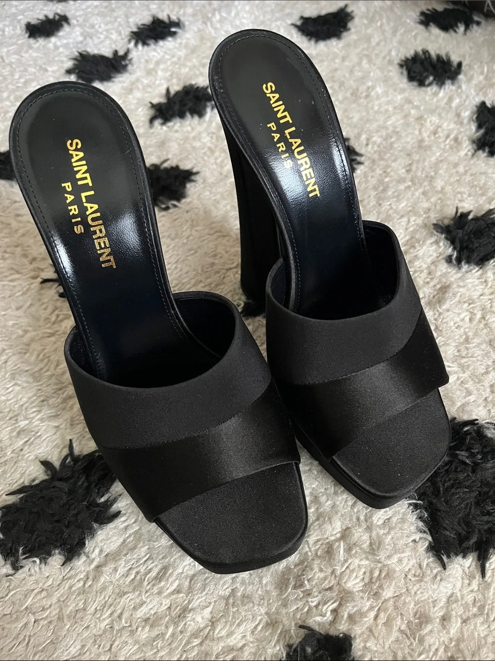 Saint Laurent size 7 Boogie 110 Black Satin Platform Mule Heels new